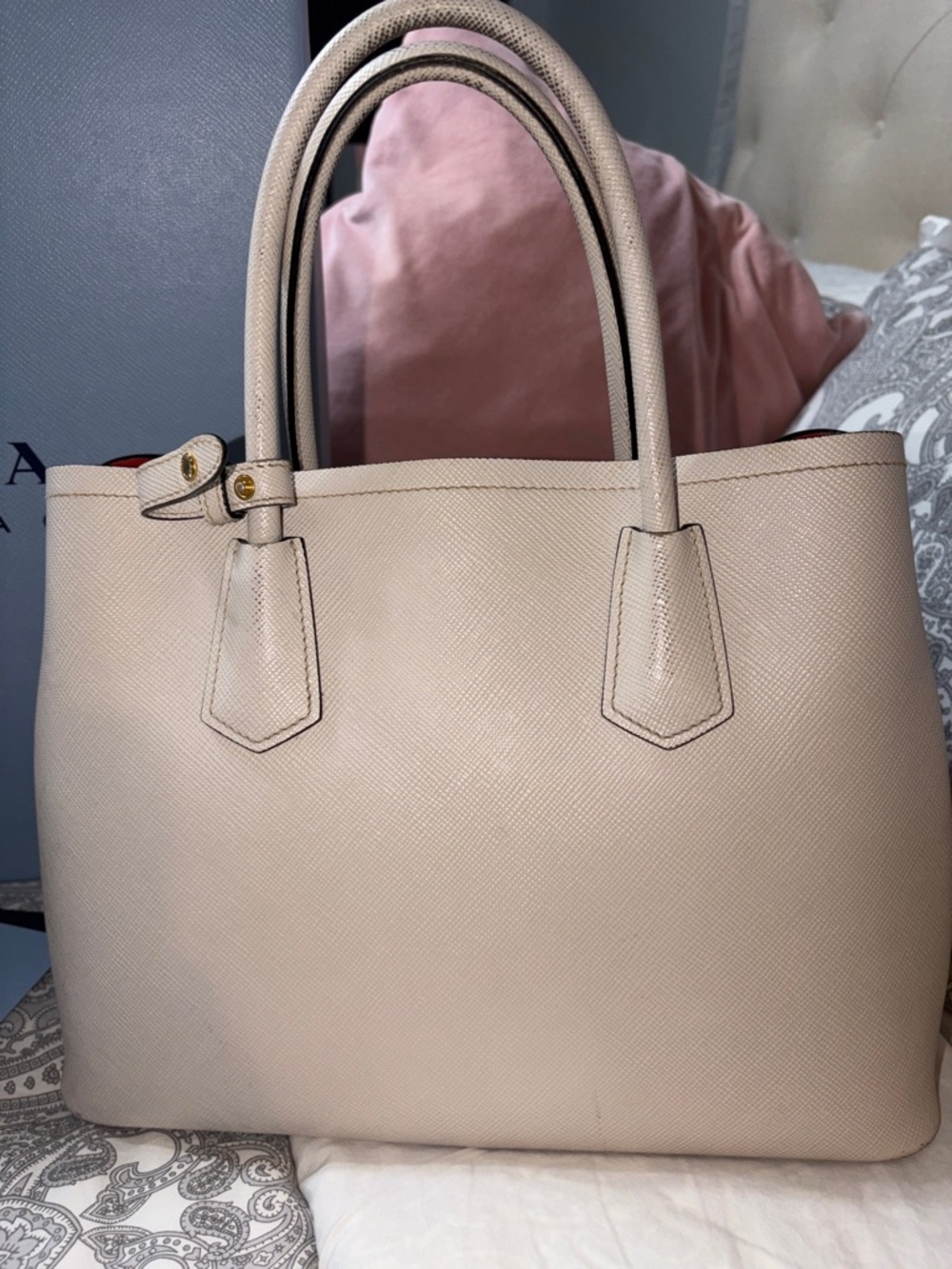 Prada Cream Saffiano Tote with Red Interior and Gold Hardware Double Bag - Picture 7 of 8